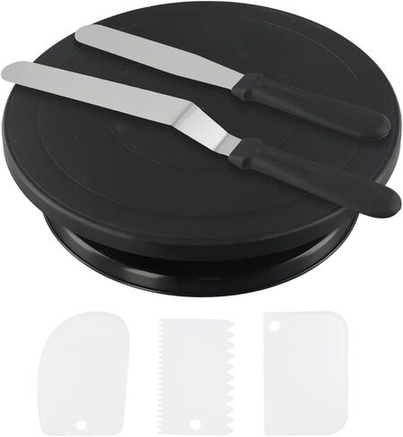 6PC Cake Decorating Kit with for 360-Degree Rotating Turntable, Non-Slip Baking Accessories Easy Cake Frosting and Design, for PP Material, Includes Spatulas and Scrapers, Black in Kuwait