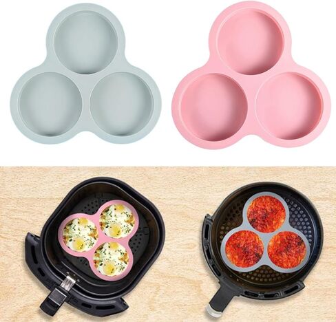 Silicone Air Fryer for Egg Pan Baking Eggs, Muffins, Burgers, Pancakes, Reusable Non- Cooking Tray Air Fryer, Oven, Microwave, 9 Inch, 3-Cavity (Pink) in Kuwait