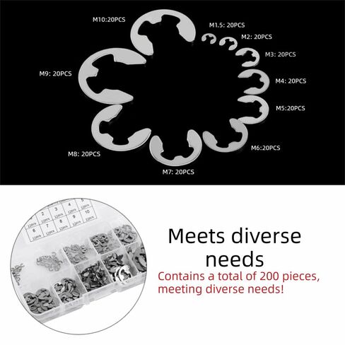 مجموعة حلقات الاحتفاظ بمشبك E من الفولاذ المقاوم للصدأ 304 مكونة من 200 قطعة - تشكيلة حلقات كبس لأخدود العمود، نطاق قطر 1.5-10 مم in Kuwait