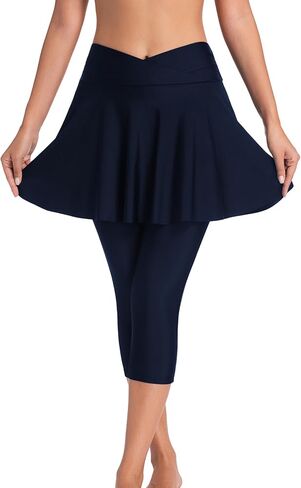 Micosuza Women's Swim Capris Leggings with Skirt Sun Protection Modest Cross High Waist Skirted Swim Pants in Kuwait