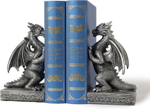 Dragon Statue Decorative Bookends for Shelves, Antique Gold Dragon Statue Home Office Decoration, Fantasy Dragon Figurine Enthusiasts Gifts in Kuwait