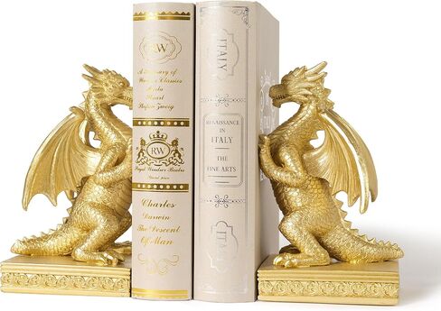 Dragon Statue Decorative Bookends for Shelves, Antique Gold Dragon Statue Home Office Decoration, Fantasy Dragon Figurine Enthusiasts Gifts in Kuwait