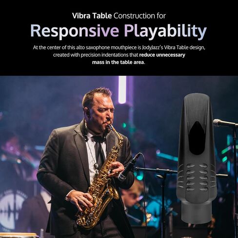 قطعة فم JodyJazz QUASAR™ Alto 9* ساكسفون مصنوعة من المطاط الصلب الألماني - منحنى قصير مع حاجز عالٍ وغرفة رصاصة وتصميم Vibra Table™ - أسود - عبوة من قطعة واحدة in Kuwait