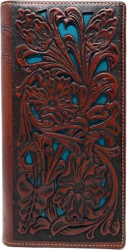 Western Genuine Leather Tooled Laser Cut Basketweave Men's Long Bifold Wallet in 8 colors (Coffee/Beige) in Saudi Arabia