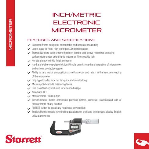 ميكرومتر إلكتروني من Starrett بوصة/متري بدون مخرج - كشتبان احتكاك من قطعة واحدة، لمسة نهائية من الكروم الساتان، نطاق 1-2 بوصة، دقة .00005 بوصة، شاشة LCD - 3732.1XFL-2 in Saudi Arabia