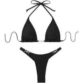 GORGLITTER Women's Ring Swimsuit High Cut Thong Triangle Halter Tops Bikini Set Bathing Suit