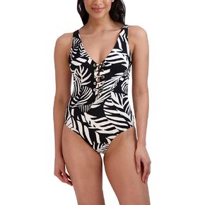 BCBGMAXAZRIA Women's Standard One Piece Swimsuit Lace Up Grommet Tummy Control Quick Dry Bathing Suit