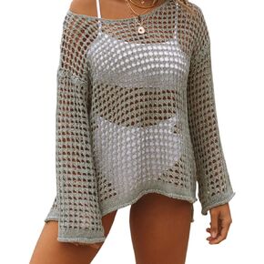 Women's Crochet Beach Cover Up Bikini Swimwear Cover Ups Sexy Long Sleeve Summer Top