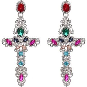 PICKBEAU Rhinestone Statement Hoop Earrings for Women, Sterling Silver Vintage Crystal Drop Dangle Earrings Colorful Crystal Chandelier Earring for Women Girls