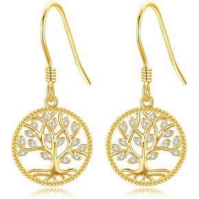 14K Gold Tree Of Life Earrings 14K Solid Yellow Gold Tree Of Life Dangle Drop Earrings Gold Tree Of Life Jewelry For Women Girls Gifts