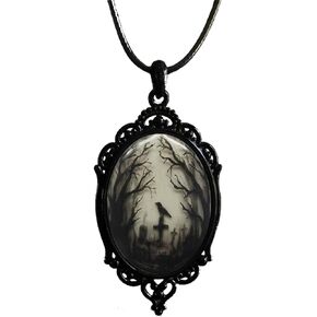 Gothic Raven Cross Cameo Pendant Necklace Black Rope Chain Dusk Crow Waterdrop Glass Choker Horror Mystic Vampires Witch Necklace Jewelry Accessories