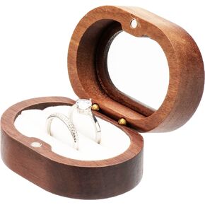 Oval Small Walnut Wooden Ring Box for 2 Rings, Ring Holder for Engagement Wedding Ceremony Marriage Birthday Gift (Beige Inner)