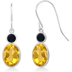 Gem Stone King 14K White Gold Yellow Citrine and Black Onyx Hook French Fish Ear Wire Dangle Earrings For Women (1.70 Cttw, Gemstone November Birthstone, Oval 7X5MM, Round 3MM)