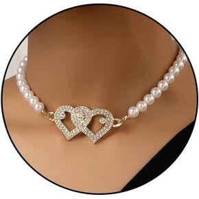 Pearl Heart Necklace for Women Pearl Choker Necklace Rhinestone Double Heart Necklace for Women Prom Birthday Wedding Jewelry Gifts