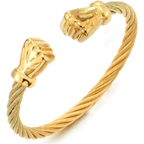 COOLSTEELANDBEYOND Unisex Elastic Adjustable Steel Gold Color Fist Hand Twisted Cable Bangle Bracelet for Men Women