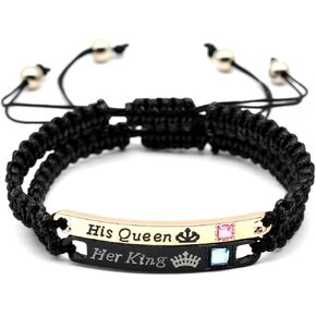 2Pcs Engraved His Queen Her King Couple Matching Bracelet Set Handmade Lucky Adjustable Braide Rope String Bracelet for Women Men Girlfriend Boyfreind Lover Protection Relationship Jewelry Gift in Kuwait
