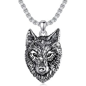 Wolf Necklace Sterling Silver Wolf Head Viking Pendant with 22"+2" Stainless Steel Chain Gift for Men boy
