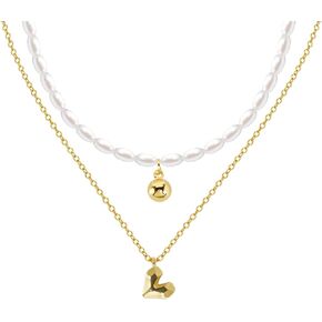 Dainty Layered Pearl Necklace for Women Girls, Natural Freshwater Pearl Choker Necklace Zircon Heart Pendant Layering Gold Necklace Fashion Jewelry for Gift in Kuwait