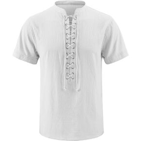 Men's 100% Cotton Retro Style Medieval Renaissance Shirt V-Neck Lace up Short Sleeve Tunic Hip Hop T-Shirts