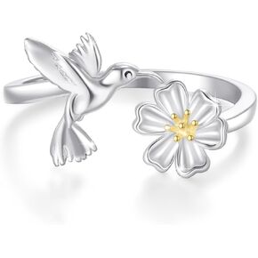 OHAYOO Hummingbird Daisy Ring 925 Sterling Silver Adjustable Hummingbird Open Ring Hummingbird Jewelry Gift for Women Girls