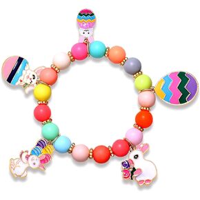 CEALXHENY Easter Bracelet Rabbit Bunny Charm Bracelet for Women Girls Colorful Beaded Stretch Bracelet Easter Holiday Party Gifts