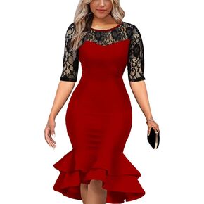 Women's Bodycon Fishtail Dresses Short Sleeve Lace Patchwork Wedding Guest Formal Midi Cocktail Dress