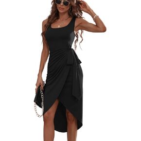 GORGLITTER Women's Wrap Front Tie Side Tank Dress Sleeveless Scoop Neck Bodycon Midi Dress
