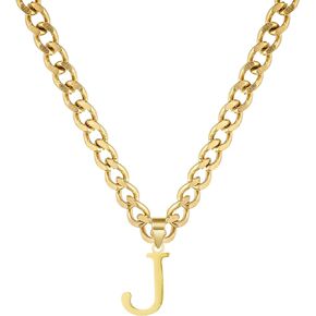 Gold Initial Necklace for Women Men Teens, 14K Gold Plated Stainless Steel Letters with 5mm Wide Cuban Chain Necklace, Capital Monogram Necklace Alphabets from A-Z