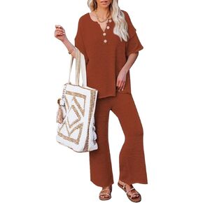 Pink Queen Women's 2 Piece Outfits Short Sleeve Button Knit Pullover Sweater Top Wide Leg Pants Sweatsuit