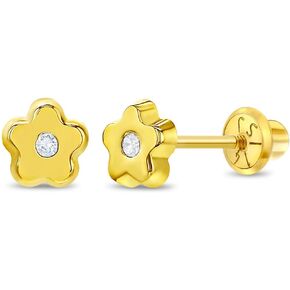 14k Yellow Gold Young Girls 5mm Clear Cubic Zirconia Flower Screw Back Earrings - Tiny Floral Stud Earrings for Infants to Toddlers - Dainty Flower Screw Backs for Little Girls