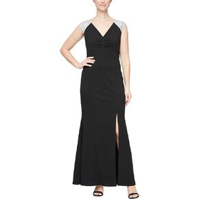 S.L. Fashions Women's Long V-Neck Sleeveless Fit and Flare Dress Sequin and Slit