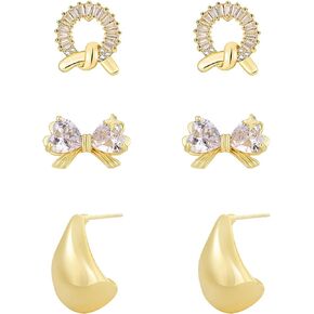 3 Pairs Gold Bow Stud Earrings Set for Women Girls,Pearl Waterdrop Drop Dangle Gold Plated Bowknot CZ Earrings Chunky Huggie Hoops Earrings Jewelry Gifts