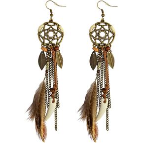 Boho Dream Catchers Dangle Earring Long Tassel Feather Wooden Beads Chain Artificial Wolf Tooth Pendants Dangling Earrings Necklaces Set Fish Hook Wolf's Fang Hanmade Jewelry