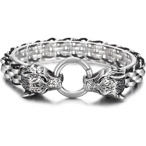 Dragon/Wolf Head Men's Bracelet, Stainless Steel Animal Punk Design, Silver 8.66 Inch Cool Viking Jewelry