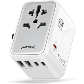 NASTIMA 65W Universal Travel Adapter Worldwide, 3USB-C PD & 2USB-A QC Travel Charger, GaN III Technology for Laptops Tablets Phones with UK,EU,AU,US Plugs (Type G/C/I/A)