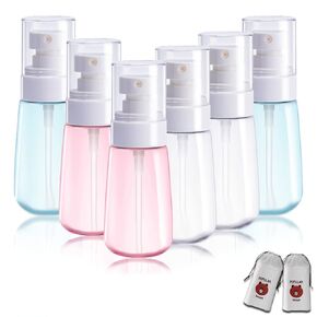 AMORIX 6PCS Spray Bottles Small 100ml 3.4 oz Empty Mini Travel Size Spray Bottle Fine Mist Hairspray Bottle for Essential Oils Refillable Travel Containers for Cosmetic, Perfume + Drawstring Bag