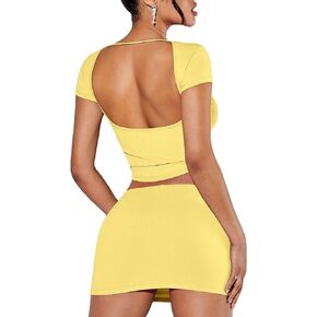 مجموعة ملابس GORGLITTER النسائية المكونة من قطعتين بدون ظهر غير متماثلة وأكمام قصيرة وتنورة Bodycon صغيرة
