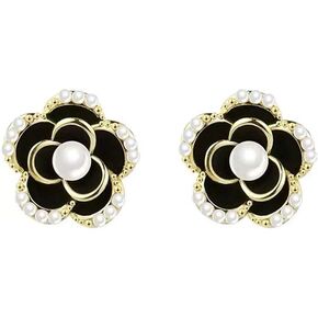 Channel V Vintage Black Rose Earrings Silver Stud for Women Black Blue Gray Flower Small Pearl Earring for Birthday Valentine's Day Gift