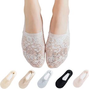 Womens 5 Pairs No Show Low Cut Cotton Lace Non Slip Socks (5 colors)
