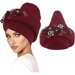 Bohend African Flower Rhinestone Turban Cap Muslim Pre Tied Beanie Headwrap Sequin Stretch Bonnet Pleated Women Headscarf Hat