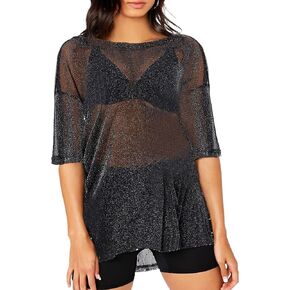 Remidoo Women's Casual Glitter Mesh Sheer Top Short Sleeve Crewneck T Shirt Blouse