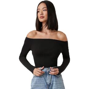 Verdusa Women's Basic Long Sleeve Off Shoulder Fitted Crop Tee Top