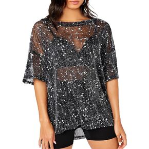 Remidoo Women's Casual Glitter Mesh Sheer Top Short Sleeve Crewneck T Shirt Blouse