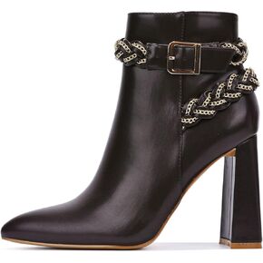 Cape Robbin Starski Chunky Ankle Boots for Women, Pointed Toe Heeled Booties with Braided Gold Link