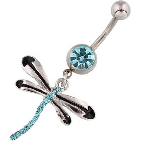 Lenacou Dragonfly Belly Button Rings 14G Surgical Stainless Steel Dangle Navel Barbell Stud Cubic Zirconia Body Piercing