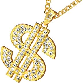 Gold Plated Chain with Crystal Dollar Sign Pendant Necklace, Hip Hop Chain Money Charm Necklace for Men 31.5 Inch