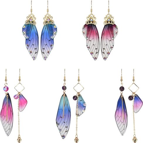 5 PCS 14K Cottagecore Earrings Handmade Fairy Cicada Butterfly Wings Earrings Crystal Dangle Jewelry for Women in Saudi Arabia