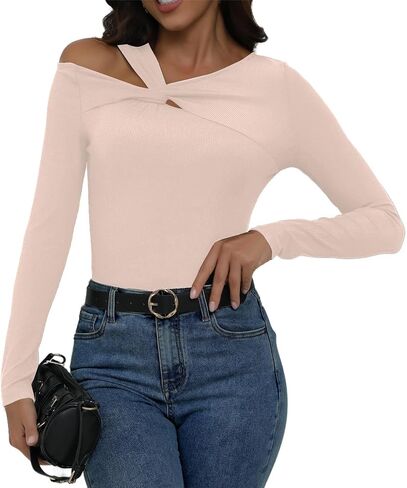 Remidoo Womens Asymmetrical Twist Front T Shirts Sexy Knit Long Sleeve Top in Saudi Arabia