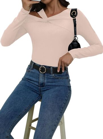 Remidoo Womens Asymmetrical Twist Front T Shirts Sexy Knit Long Sleeve Top in Saudi Arabia