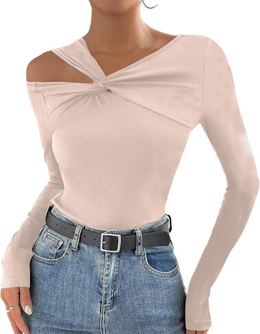 Remidoo Womens Asymmetrical Twist Front T Shirts Sexy Knit Long Sleeve Top in Saudi Arabia
